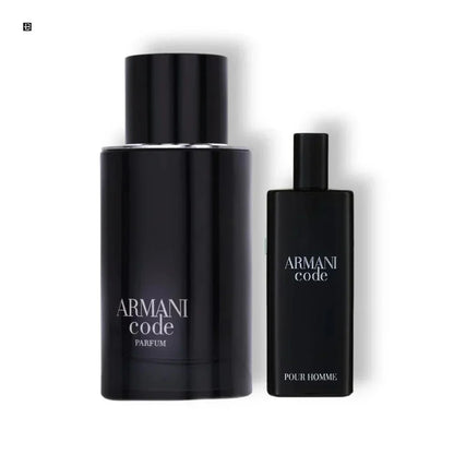 Zwei schwarze Armani Code Parfumflakons für Herren auf weißem Hintergrund, luxuriöse Herrendüfte