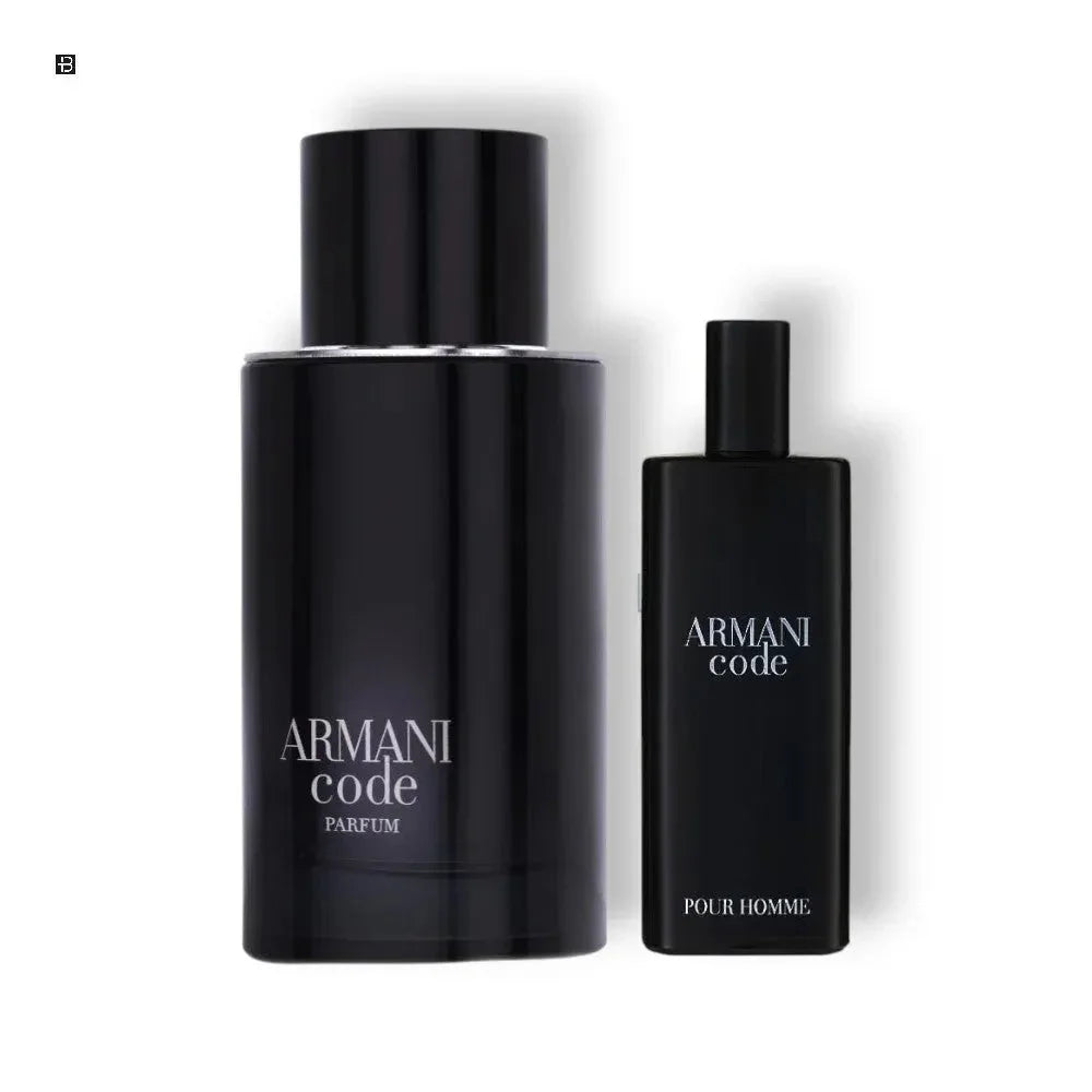 Zwei schwarze Flakons Herrenparfum Armani Code Parfum und Armani Code Pour Homme