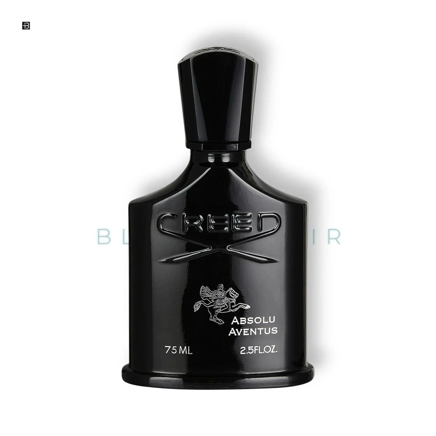 Schwarzer Parfumflakon mit silberner Gravur, Aufschrift Creed Absolu Aventus, luxuriöses Design
