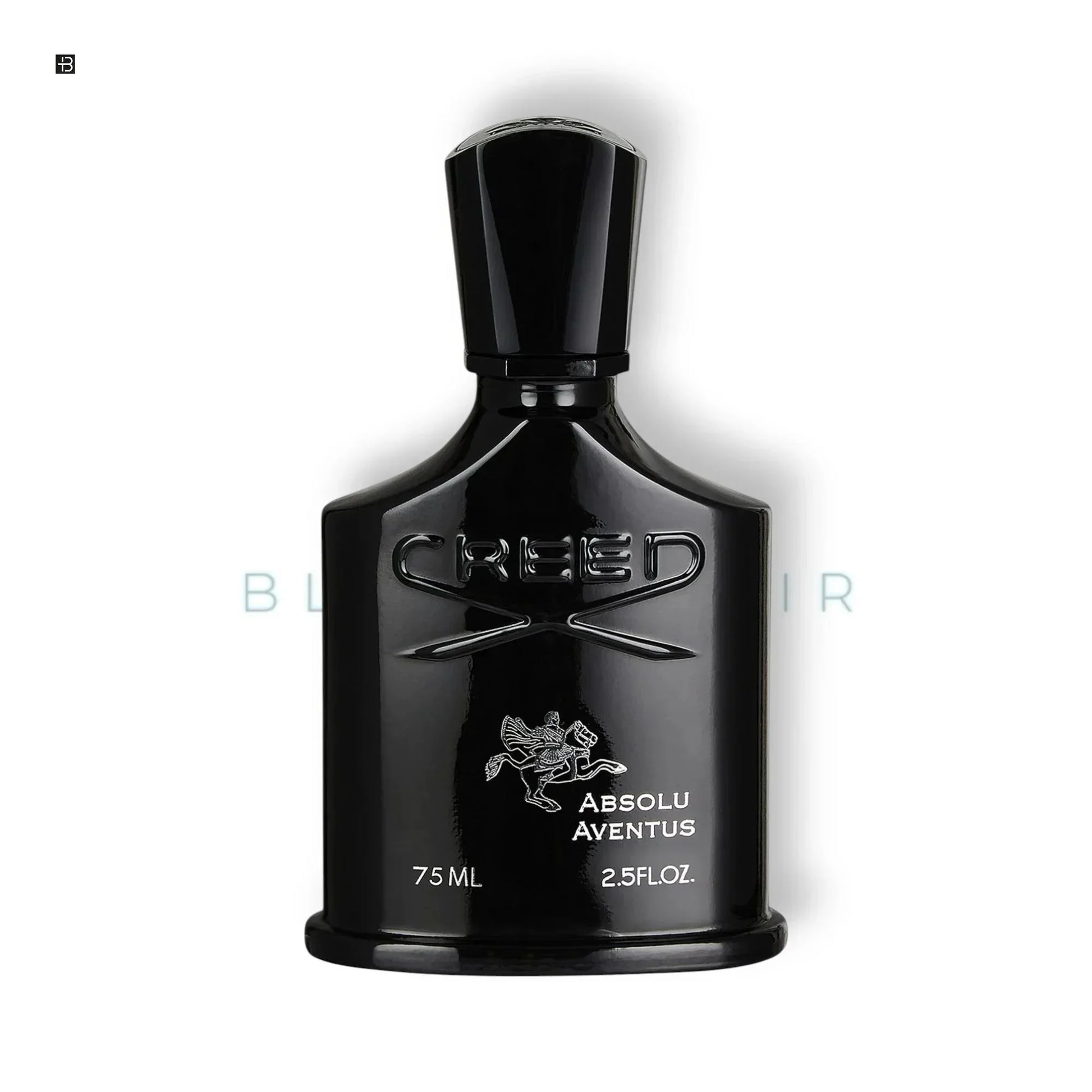 Schwarzer Parfumflakon mit silberner Gravur, Aufschrift Creed Absolu Aventus, luxuriöses Design