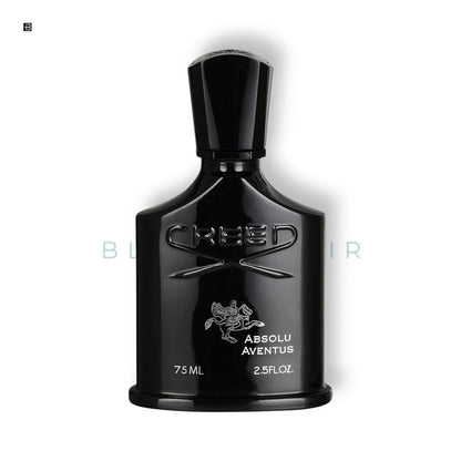 Schwarzer Parfumflakon mit silberner Gravur, Aufschrift Creed Absolu Aventus, luxuriöses Design