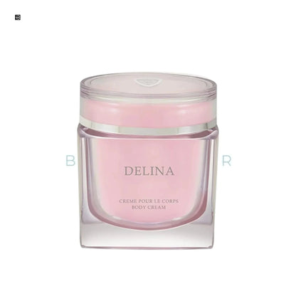 Delina Body Cream in elegant rosa Glasdose, luxuriöse Damen Körpercreme, modernes Design