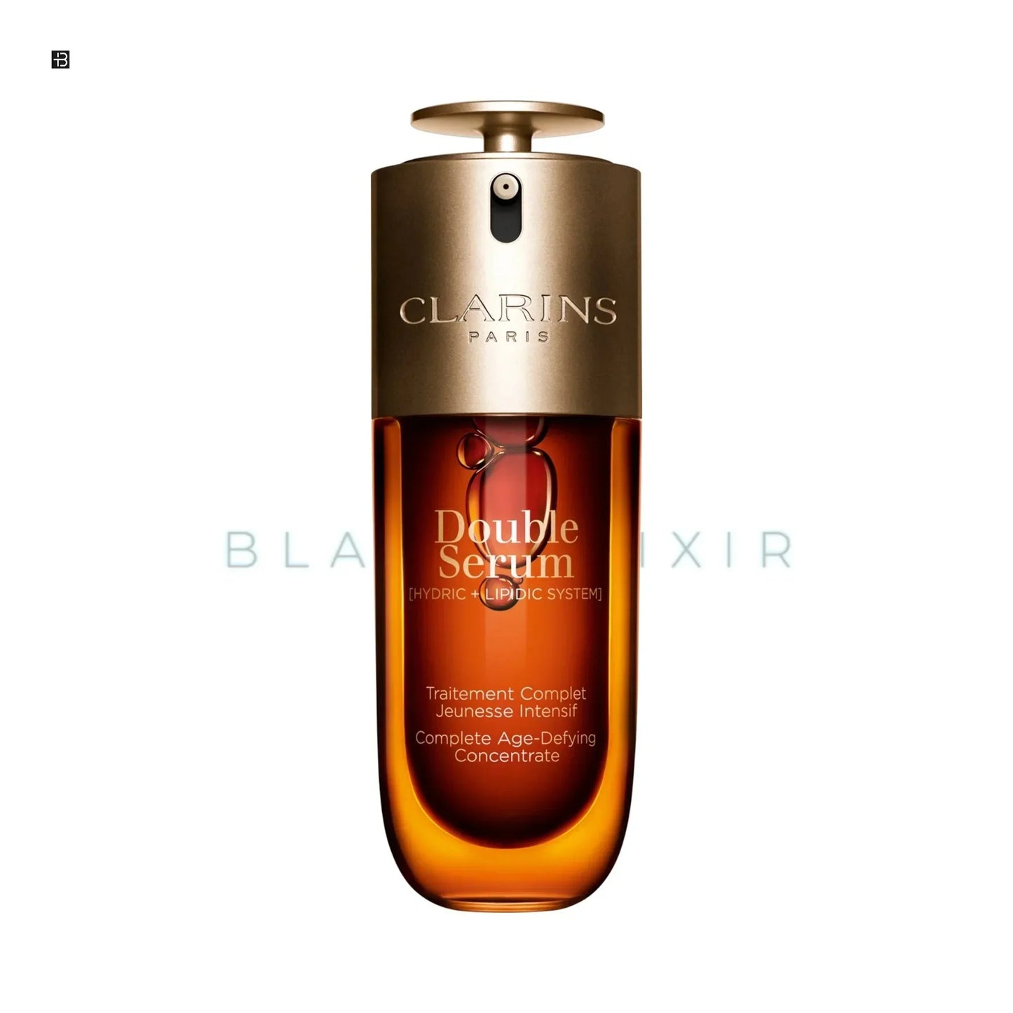 Clarins Double Serum Anti-Aging Serum in gold-brauner Flasche auf weißem Hintergrund