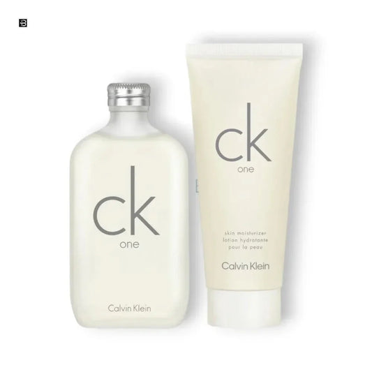 CK One Unisex Parfum und Bodylotion Set, elegante helle Flakons, moderne Duftpflege