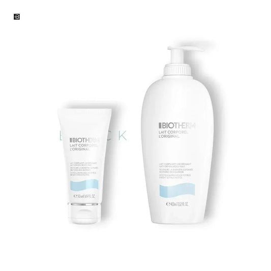 Biotherm Lait Corporel Körpermilch Set mit großer Pumpflasche und kleiner Tube auf weißem Hintergrund