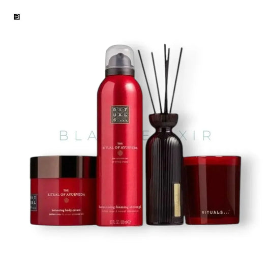 Vierteilige Luxuspflege-Set in Rot, bestehend aus Body Cream, Duschgel, Duftstäbchen und Kerze