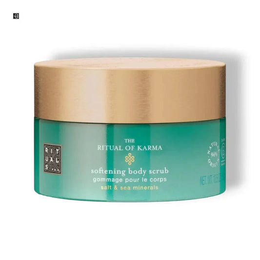 Grüne Kosmetikdose Ritual of Karma Softening Body Scrub mit goldfarbenem Deckel, Produkt für Körperpflege