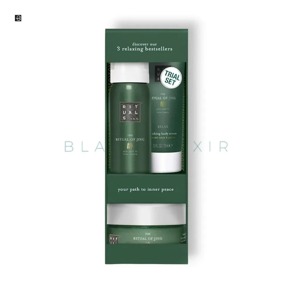 Rituals The Ritual of Jing Trial Gift Set mit grünem Körperpflege-Set in einer Geschenkbox.