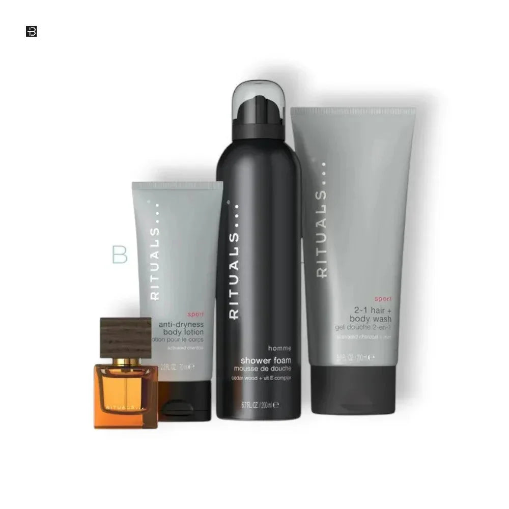 Rituals Duschschaum, Bodylotion, 2-in-1 Duschgel und Parfum-Flakon für Herren auf weißem Hintergrund