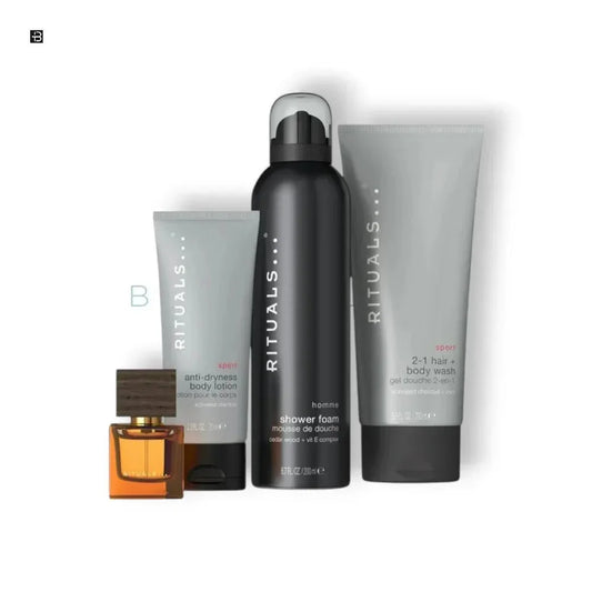 Rituals Duschschaum, Bodylotion, 2-in-1 Duschgel und Parfum-Flakon für Herren auf weißem Hintergrund