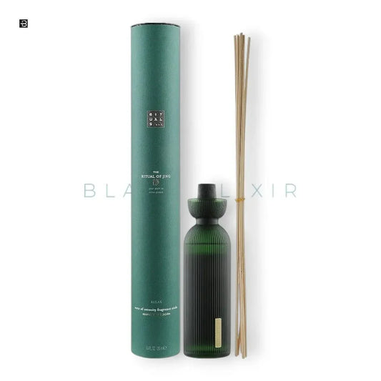 Grüner Raumduft Diffusor mit stilvollem Glasflakon, Duftstäbchen und zylinderförmiger Verpackung