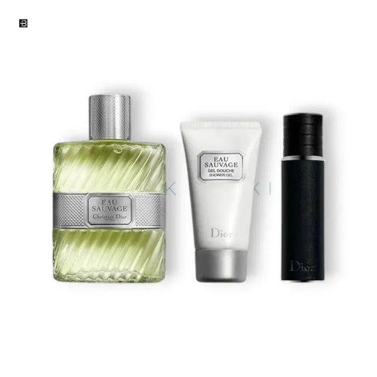 Luxuriöses Herrenparfum-Set mit Eau Sauvage Flakon, Duschgel und Duftspray.