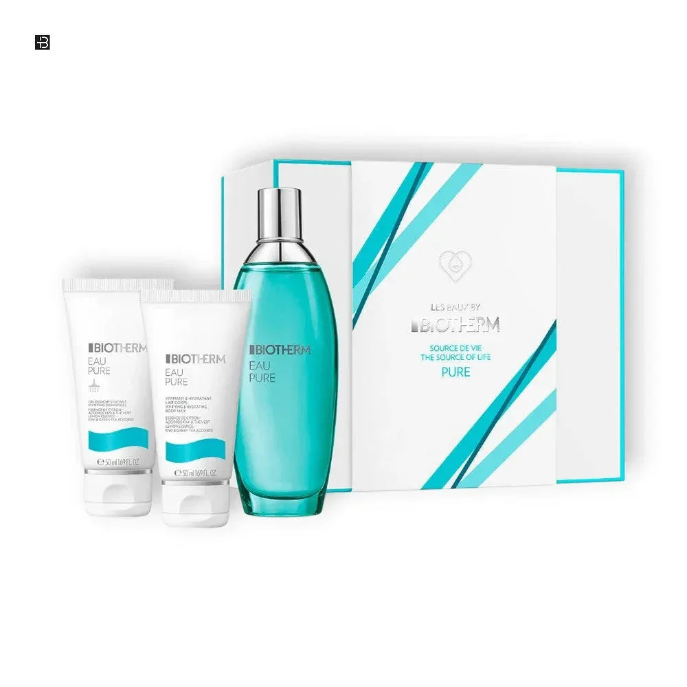 Biotherm Eau Pure Set mit Duschgel, Bodylotion und Parfumflakon vor Geschenkbox