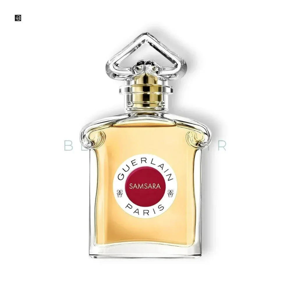 Eleganter Damenparfumflakon mit goldener Flüssigkeit, Etikett 'Guerlain Samsara Paris'.