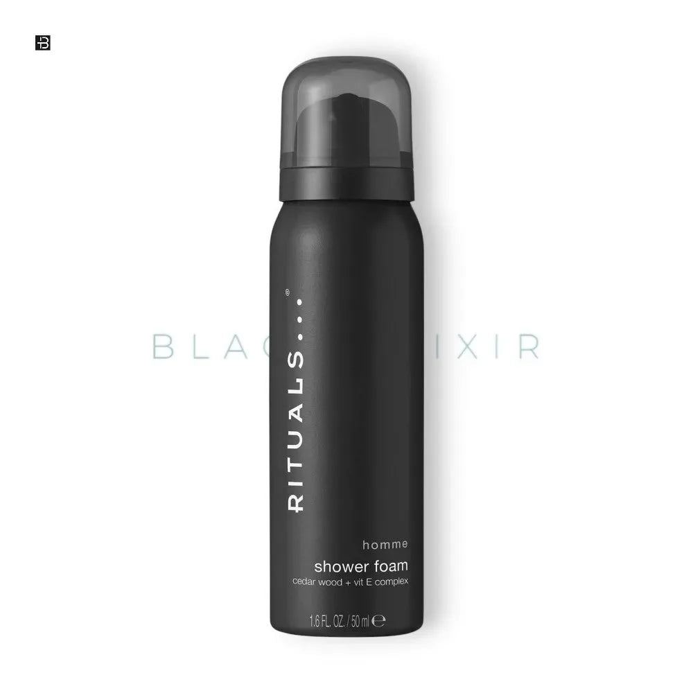 Schwarzer Flakon von Rituals Homme shower foam mit transparentem Verschluss.