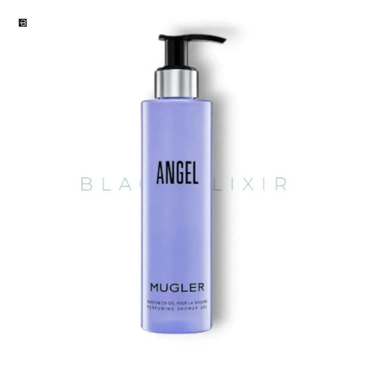 Lila Angel Mugler Duschgel-Flasche mit Pumpspender auf weißem Hintergrund