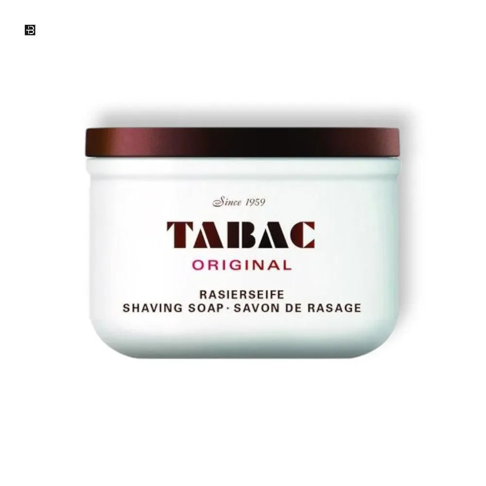Weiße Dose Tabac Original Rasierseife mit dunkelrotem Deckel.