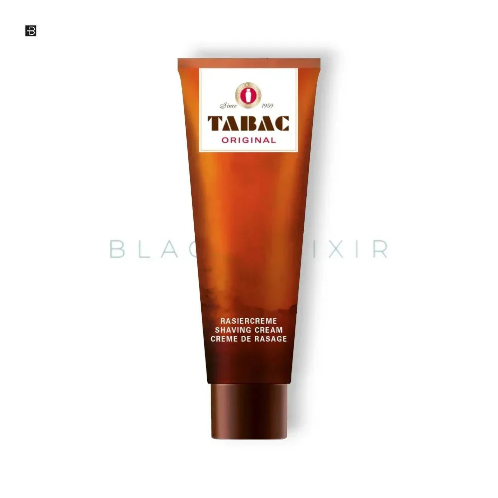 Tabac Original Rasiercreme in brauner Tube auf weißem Hintergrund, hochwertige Rasiercreme für Herren