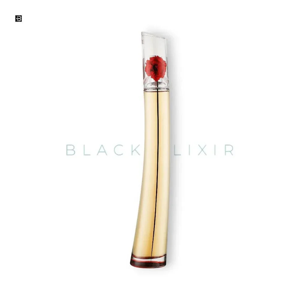 Luxus Damenparfum in elegantem, gebogenem Glasflakon mit roter Blume im Verschluss