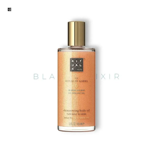 Schimmerndes Körperöl in goldener Flasche, luxuriöse Pflege mit Lotusblüte und weißem Tee.