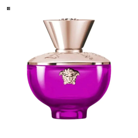 Luxus Damenparfum in violettem Glasflakon mit goldenem Medusakopf und verziertem Deckel