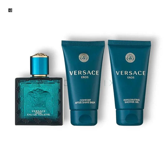 Versace Eros Duftset mit Eau de Toilette, After Shave Balsam und Duschgel für Herren