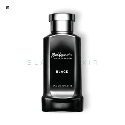 Schwarzer Flakon Baldessarini Black Eau de Toilette, luxuriöses Herrenparfum, auf weißem Hintergrund.