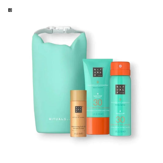 Rituals Sonnenschutz-Set mit Tasche, Sonnencreme, Körperspray und Körperöl auf weißem Hintergrund