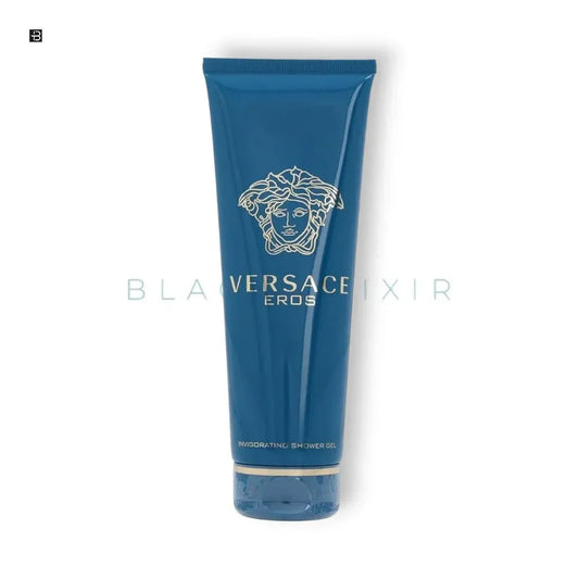 Versace Eros Duschgel in blauer Tube mit goldener Medusenkopf-Grafik, luxuriöse Körperpflege