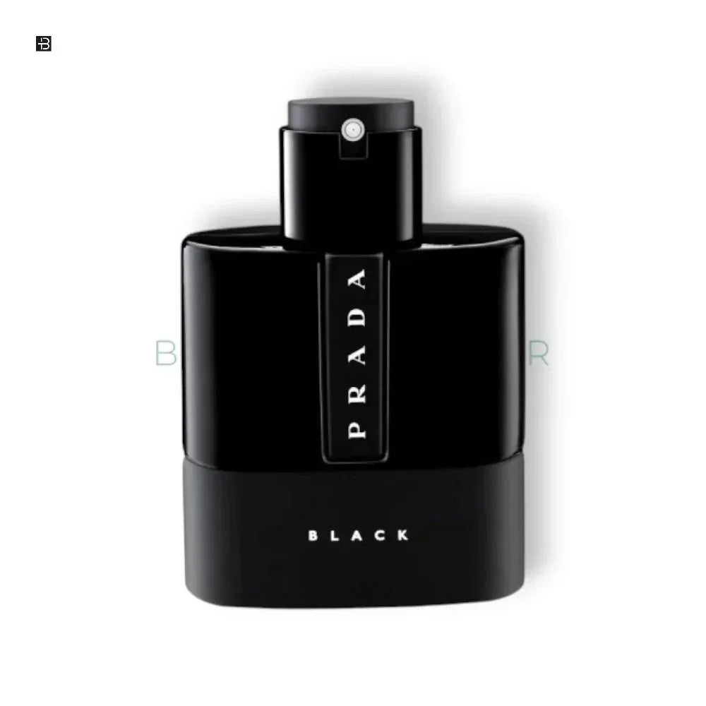 Schwarzer Herrenparfumflakon mit PRADA und BLACK Aufschrift, luxuriöses Design