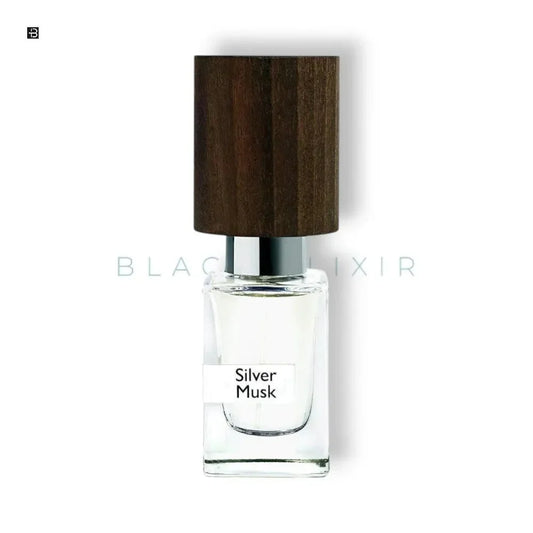 Luxusparfum Silver Musk in Glasflakon mit dunklem Holzdeckel, elegantes Unisex Duftdesign