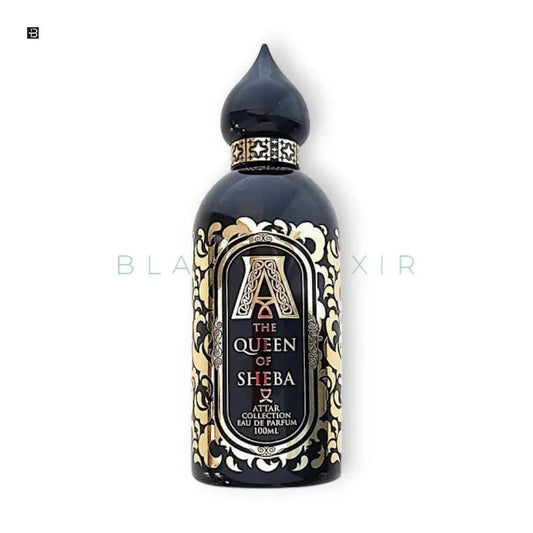 Eleganter schwarzer Parfümflakon mit goldenen Verzierungen, Queen of Sheba Duft, 100ml