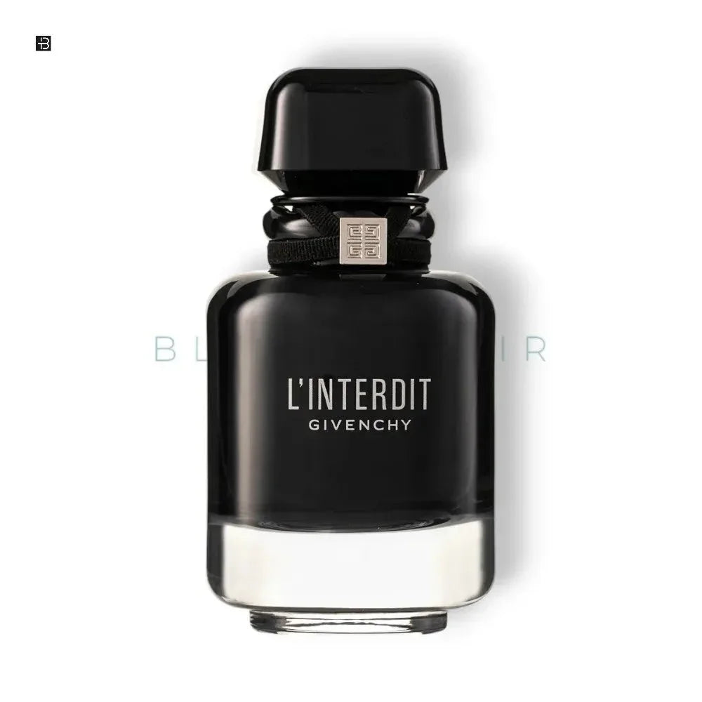 Luxuriöses L’Interdit Givenchy Parfumflakon in Schwarz auf weißem Hintergrund