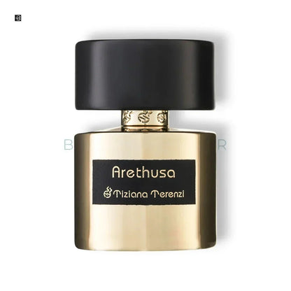 Goldenes Luxusparfum-Flakon Tiziana Terenzi Arethusa mit schwarzem Deckel, edles Design