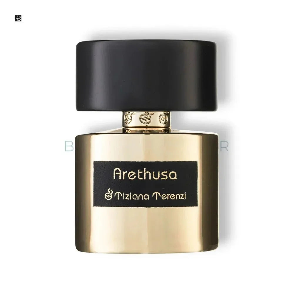 Luxuriöses Parfum Tiziana Terenzi Arethusa in goldener Flasche mit schwarzem Deckel