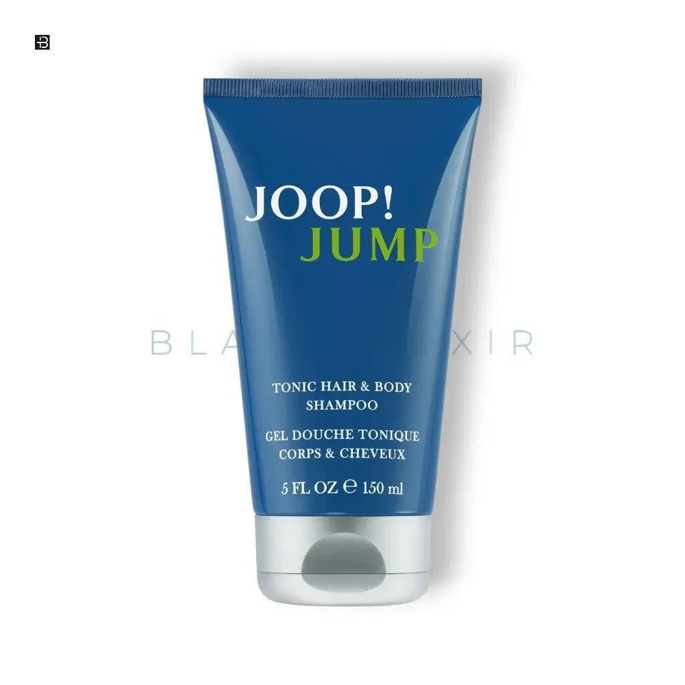 Blaue Tube Joop! Jump Tonic Hair & Body Shampoo gegen weißen Hintergrund.