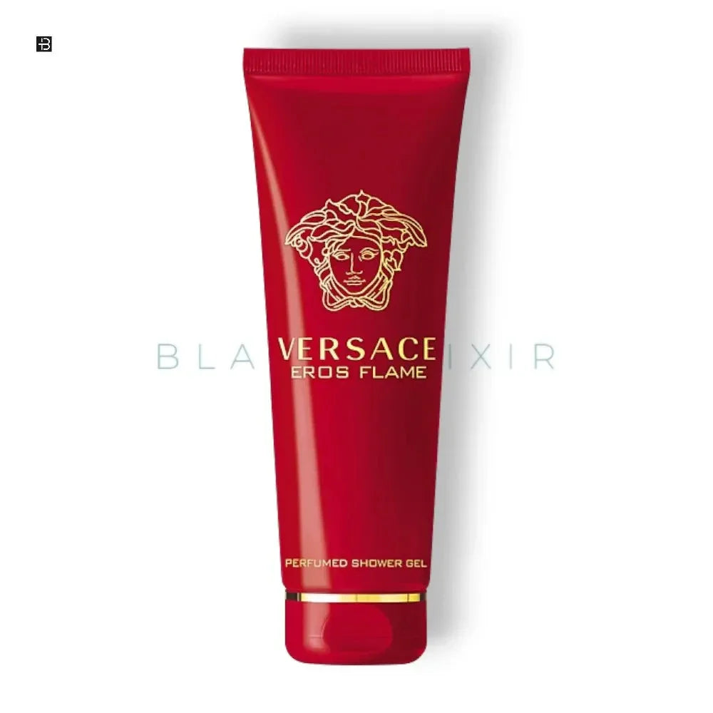 Rote Tube Versace Eros Flame Duschgel mit goldener Medusa und Logo auf weißem Hintergrund