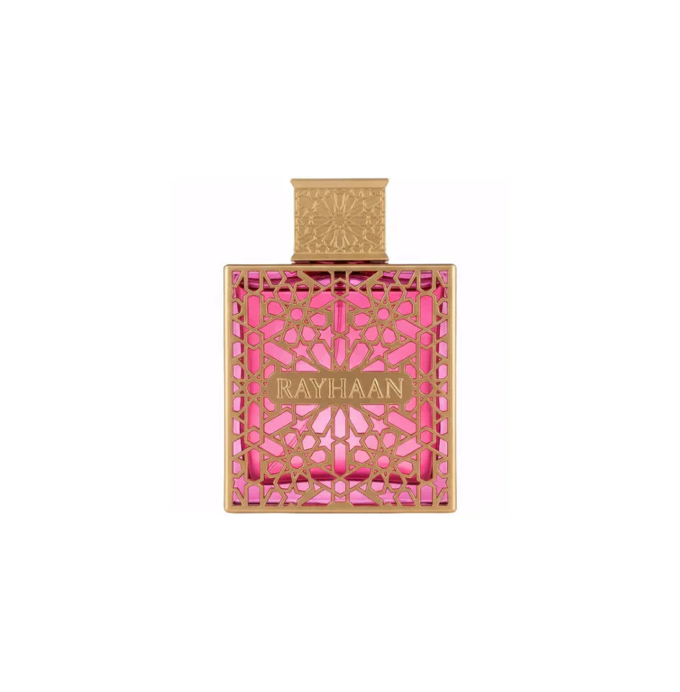 Elegantes Luxusparfum mit goldenem Gitterdesign und pinkem Flakon, ideal für Damen und Herren