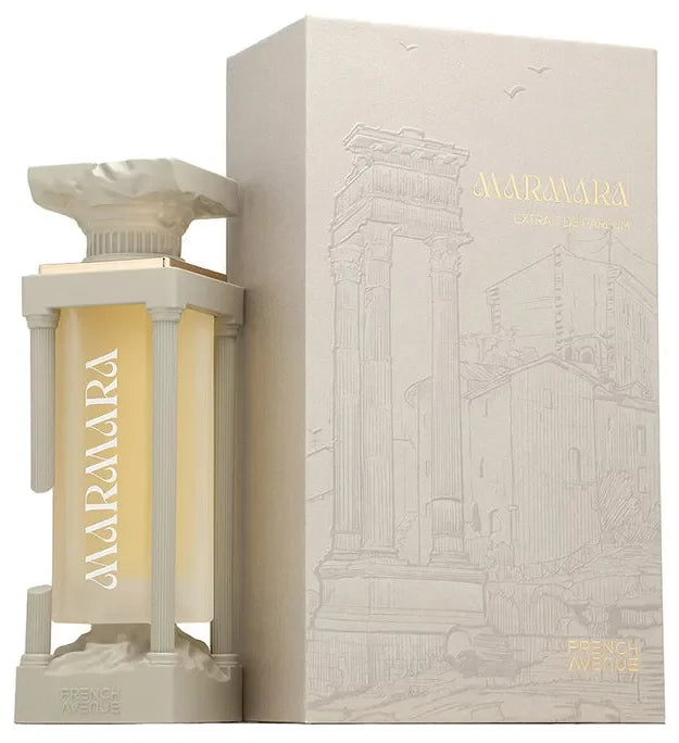 French Avenue Marmara Extrait de Parfum Flakon in Tempel-Optik mit weißer Verpackung.