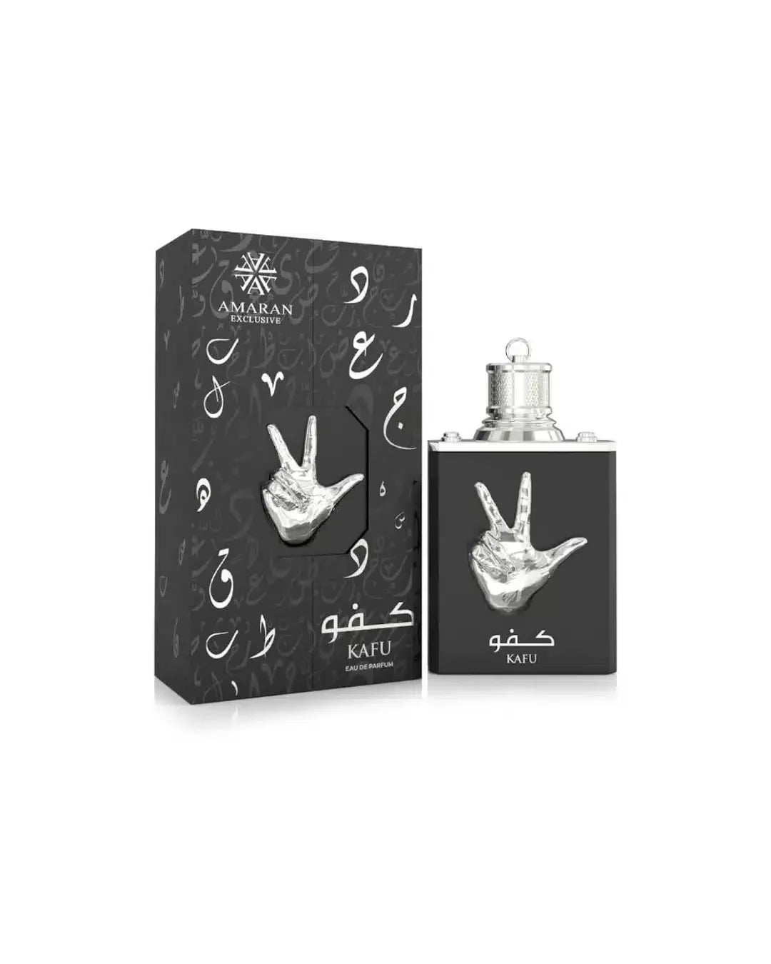 Kafu Parfum Flakon und Verpackung in Schwarz mit silberner Hand, Luxusduft Unisex