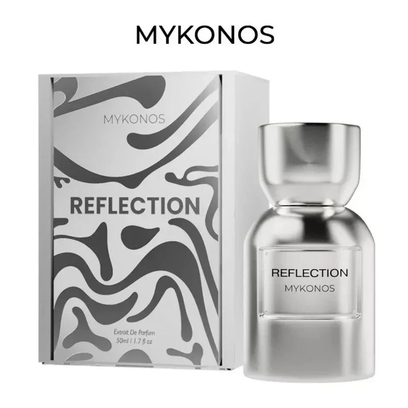 Mykonos Reflection Extrait de Parfum Flakon und Verpackung in Silber und Weiß