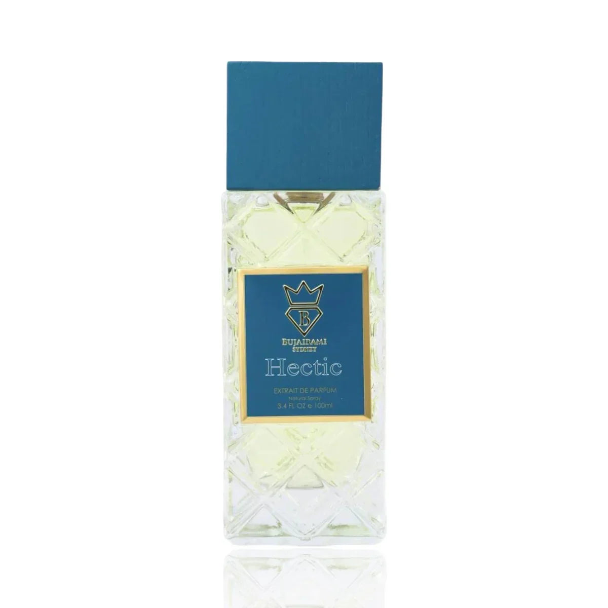 Elegantes Hectic Extrait de Parfum von Bujairami Sydney in kristallklarer Flasche mit blauem Deckel