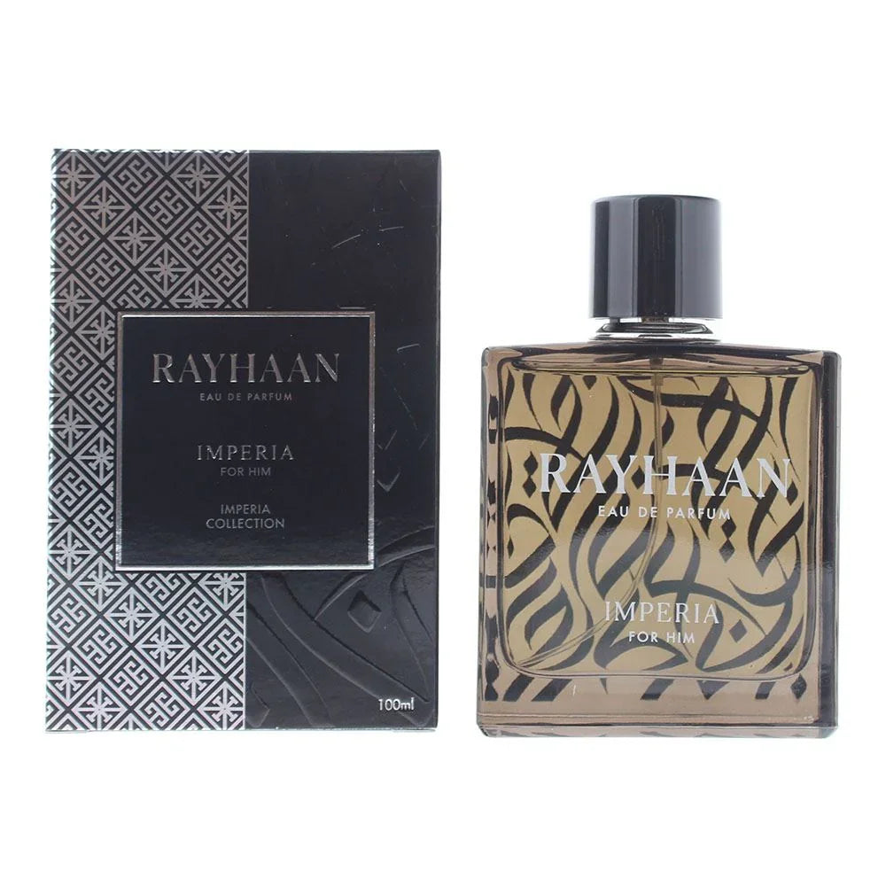 Rayhaan Imperia Eau de Parfum Herrenduft, luxuriöses Parfümflakon und Verpackung, 100ml