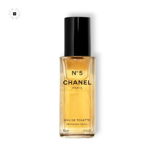Klarglasflakon Chanel N°5 Eau de Toilette 50ml mit schwarzem Verschluss auf weißem Hintergrund