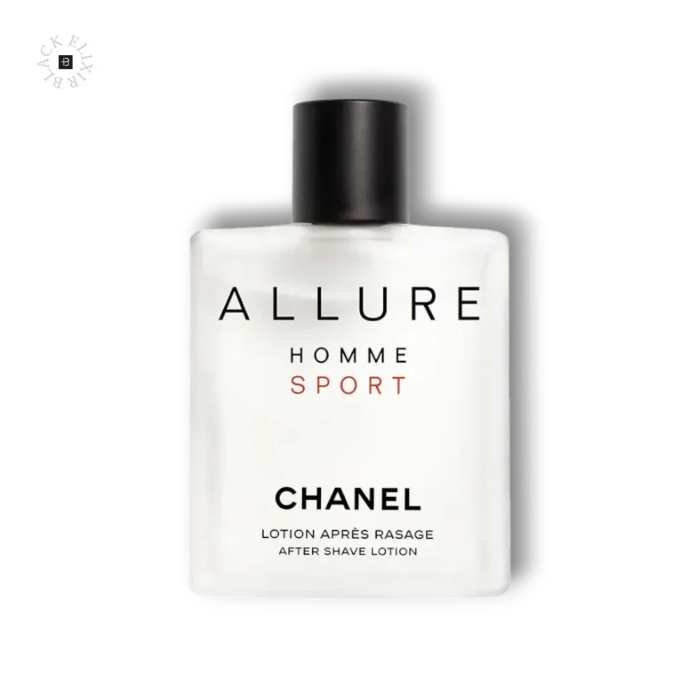 Eau de Toilette Flakon Allure Homme Sport für Herren auf schwarzem Hintergrund