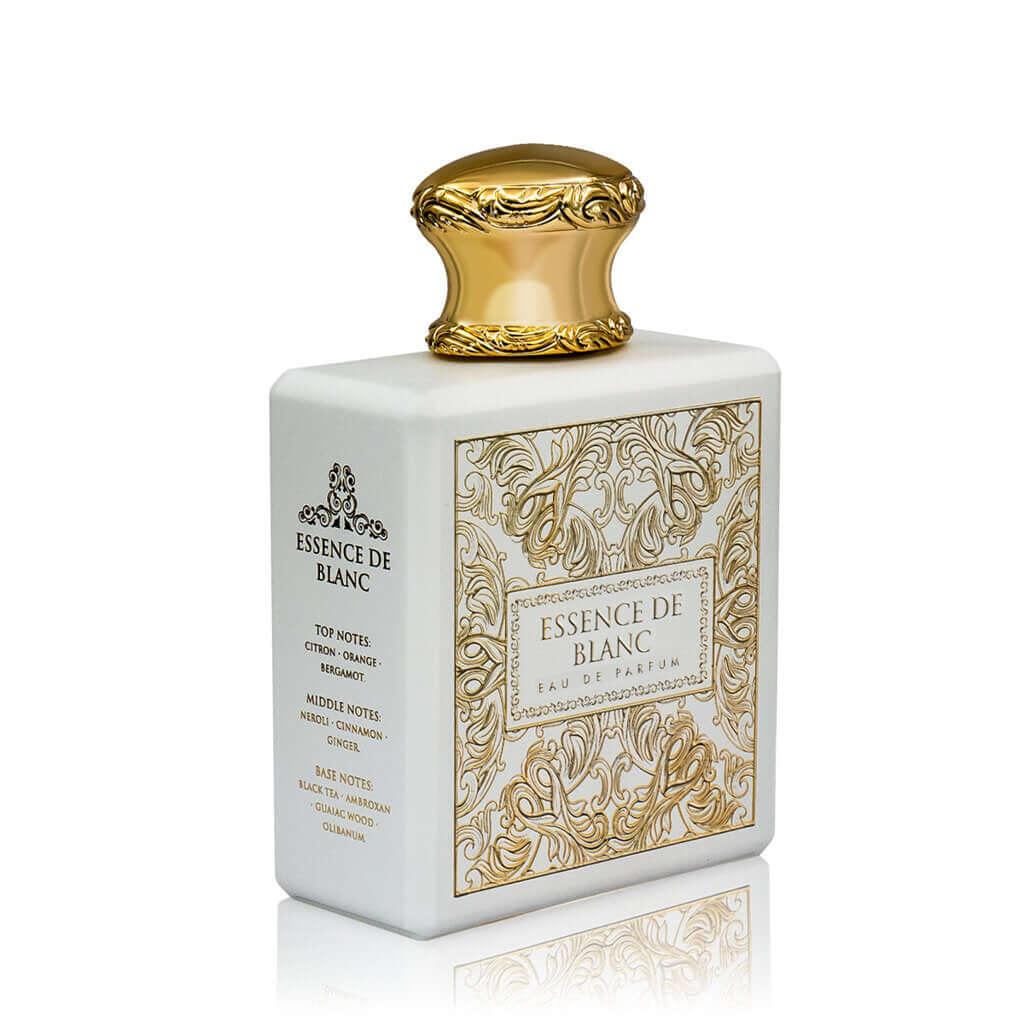 Luxuriöses Parfumflakon Essence de Blanc mit goldenen Verzierungen, Eau de Parfum