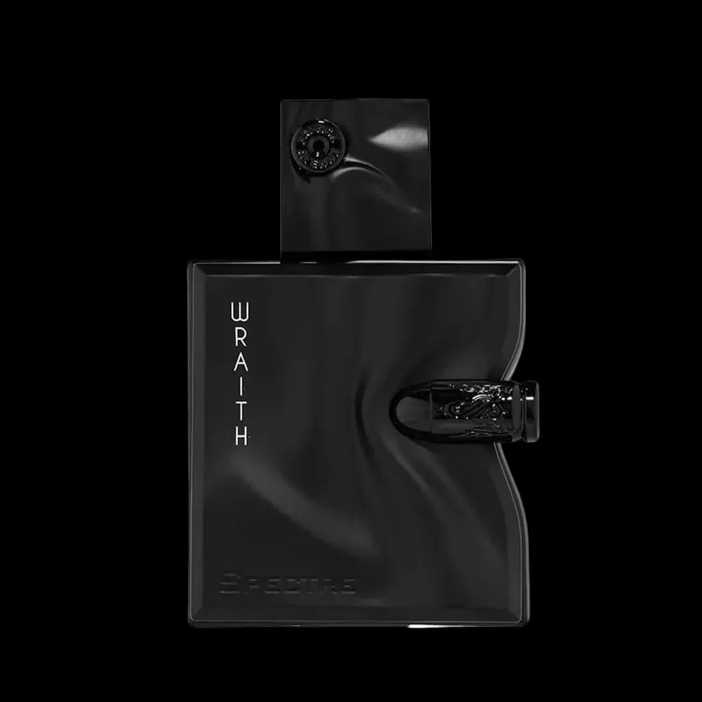 Schwarzer Designer-Parfümflakon WRAITH mit modernem, edlem Look auf schwarzem Hintergrund