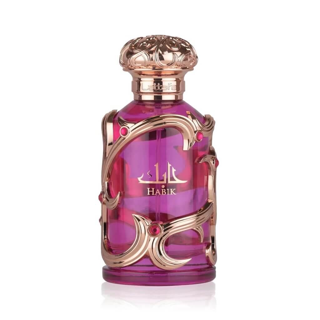 Luxuriöses Parfum in violett-goldener Flasche mit verziertem Verschluss und Schriftzug Habik