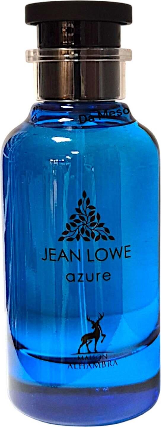 Blauer Jean Lowe Azure Luxusparfumflakon mit schwarzem Verschluss, exklusives Design.