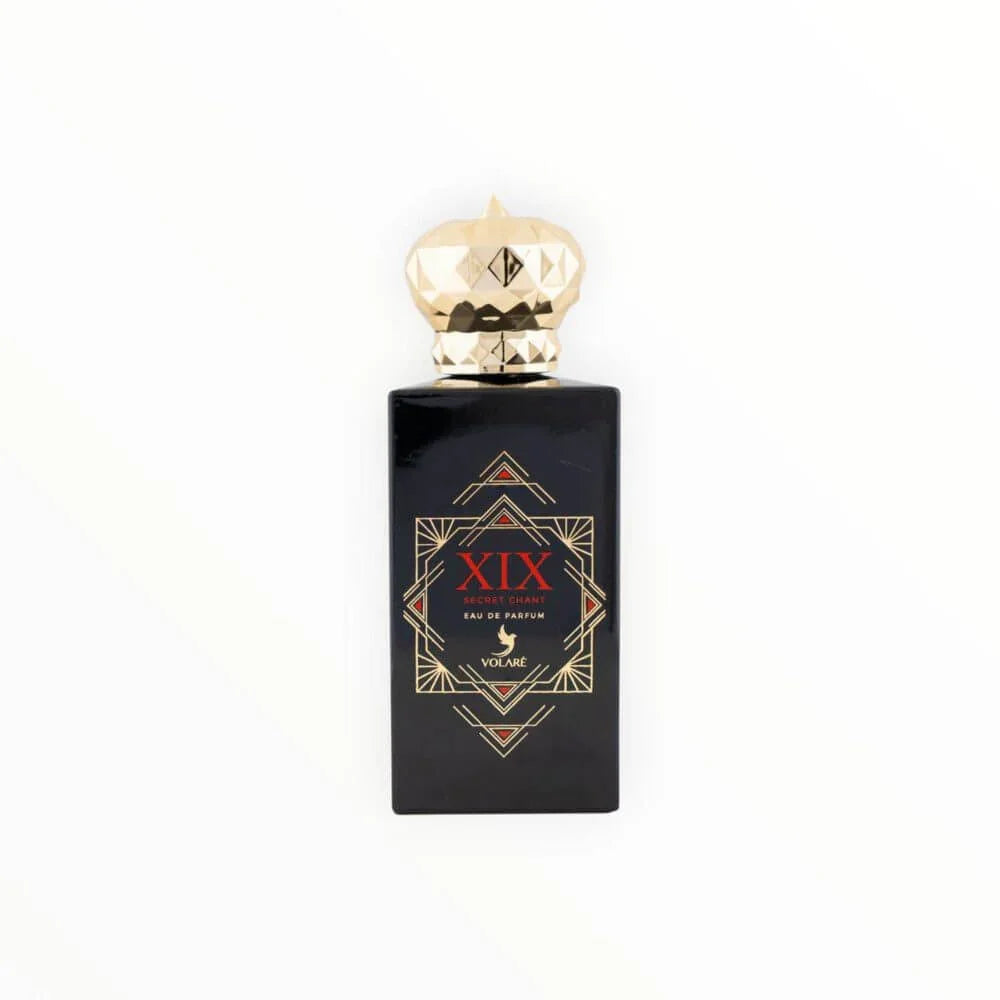 Luxusparfum Flakon in Schwarz mit goldener geometrischer Verzierung und goldener Verschlusskappe